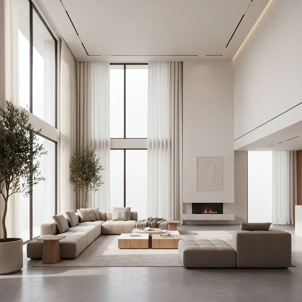 Double height living room with floor to ceiling windows and modern furniture layout