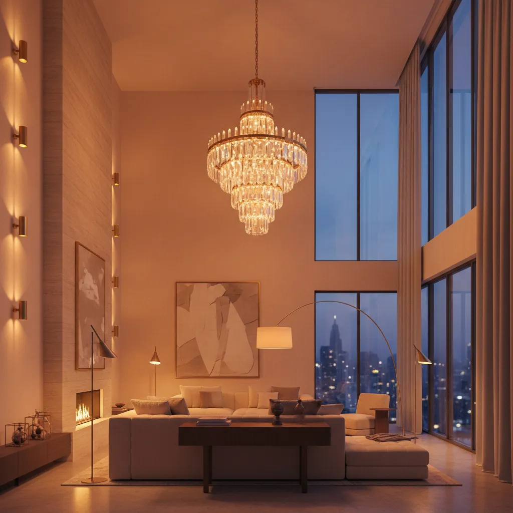 Double height living room showing chandelier wall sconces and floor lamps