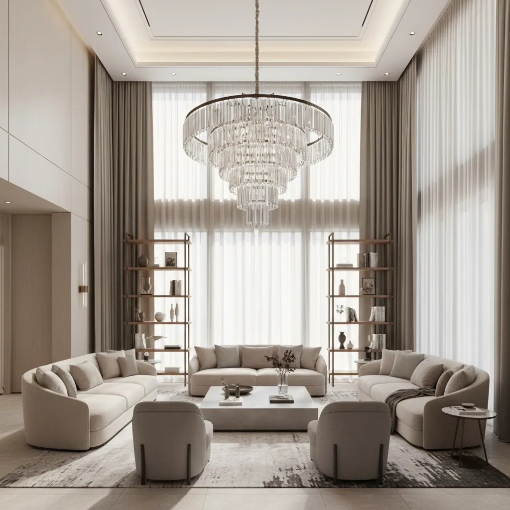 double height living room showing properly scaled chandelier