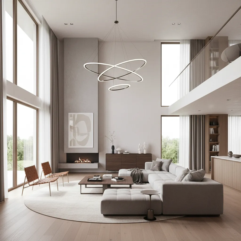 Modern high ceiling living room with grey sofa white fireplace large windows and ring ceiling light