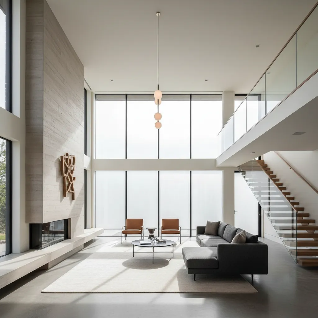 Sala con doble altura y grandes ventanales en una casa moderna
