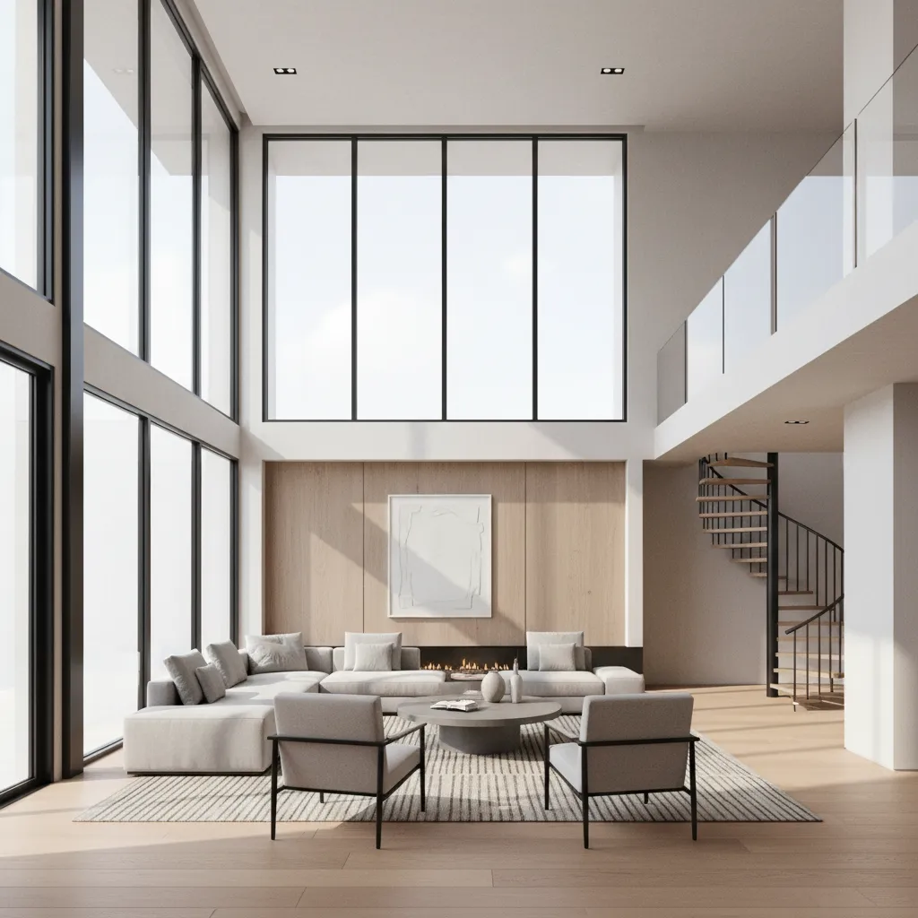 Spacious modern living room with double height wall and tall windows