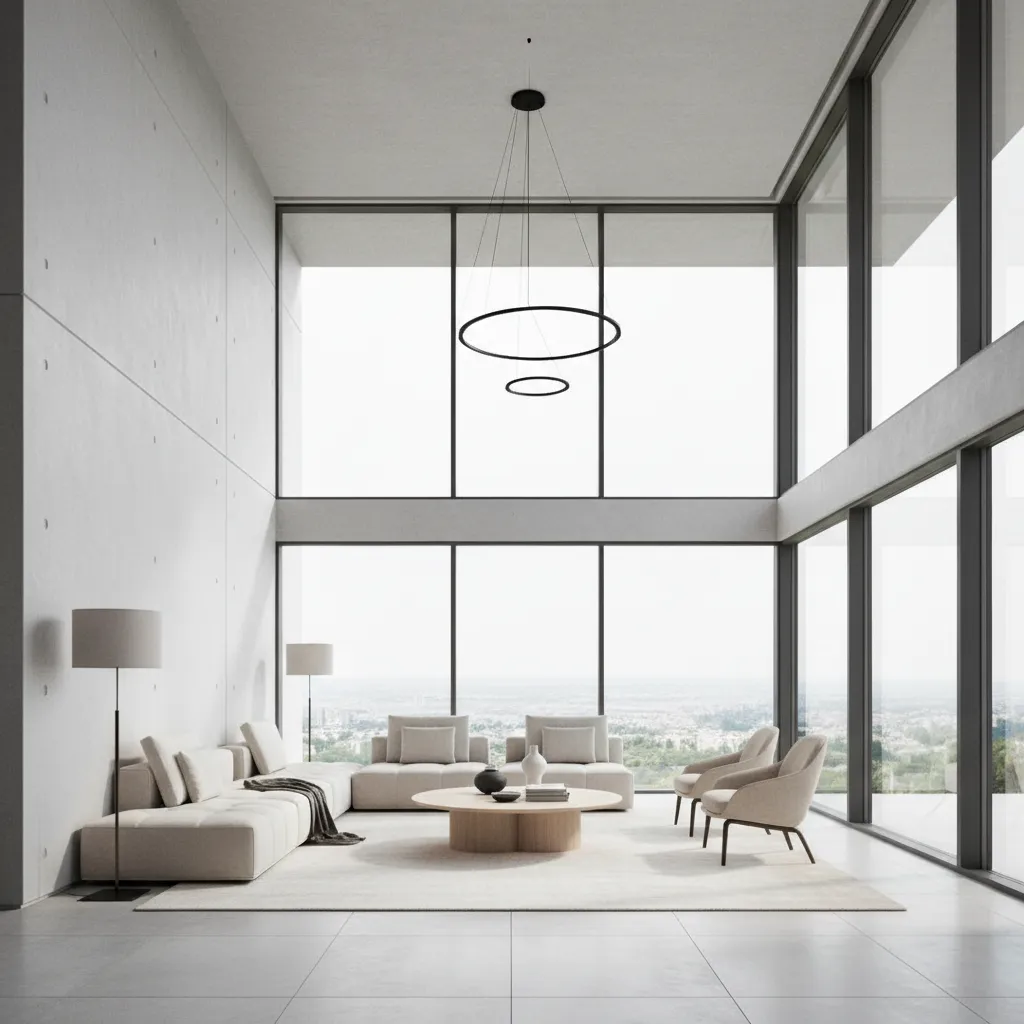 Spacious double height living room with tall feature wall and large windows