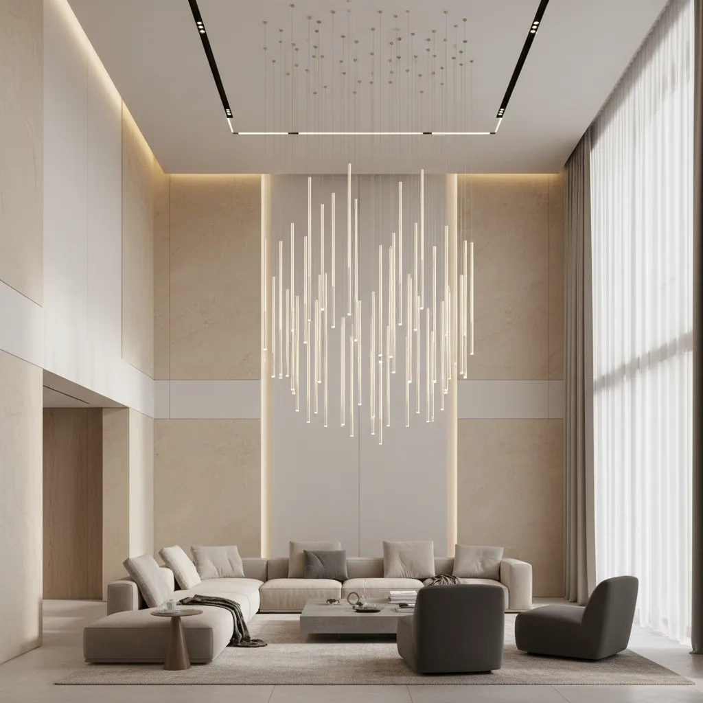 Modern double height living room with suspended pendant lighting installation