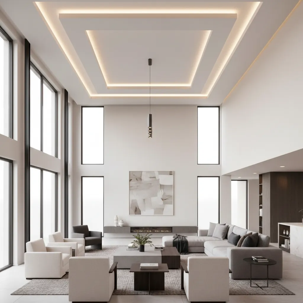 Modern double height living room with layered tray ceiling and LED lighting