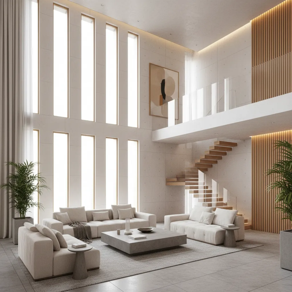 Modern double height living room with white sofas wooden stairs tall windows and green indoor plants