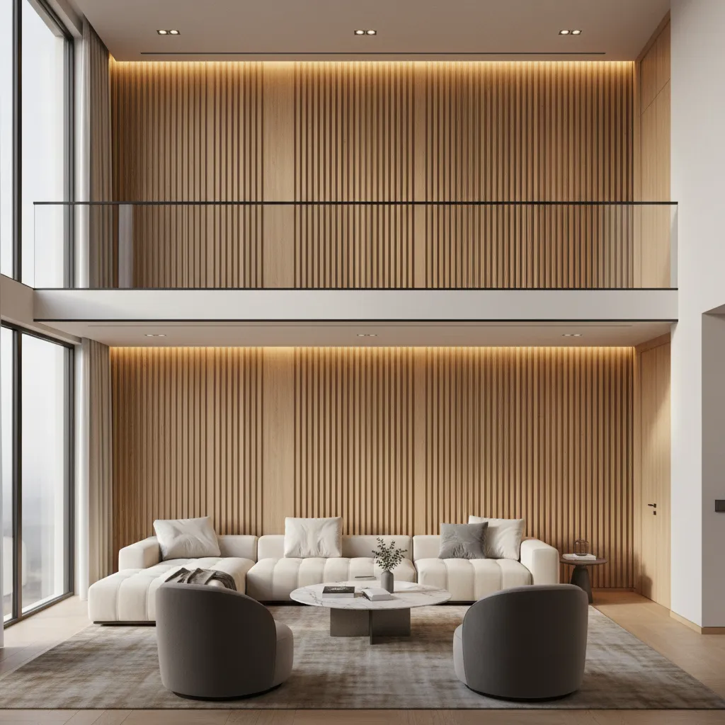 Tall living room interior with vertical wood panel wall and mezzanine balcony