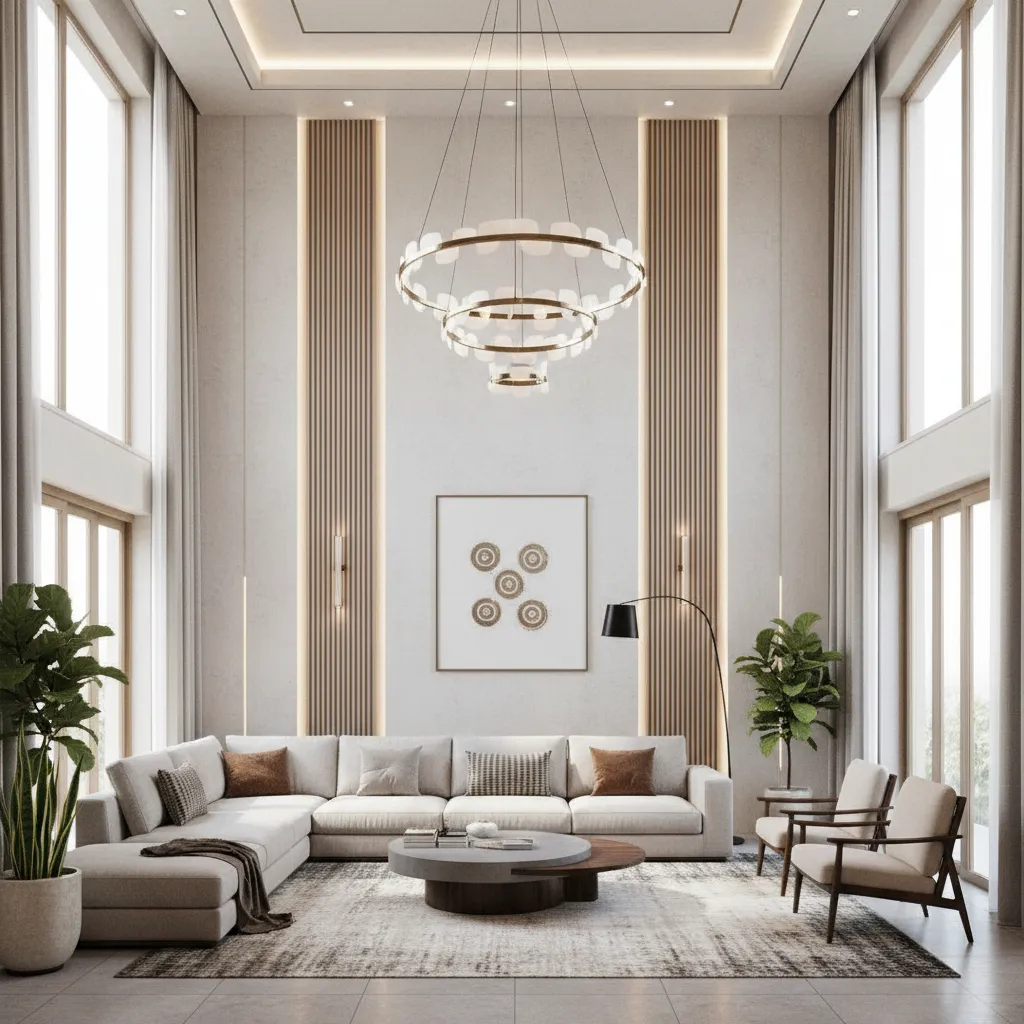 Luxury villa living room showing double height wall and large windows