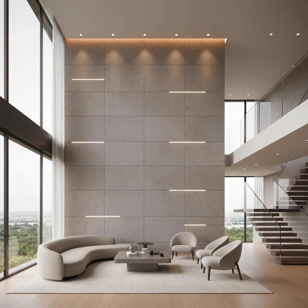 Double height living room wall illuminated with layered lighting