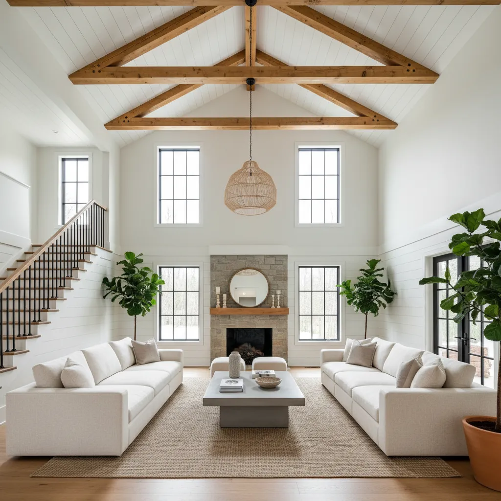 Double height living room with exposed wood beam ceiling