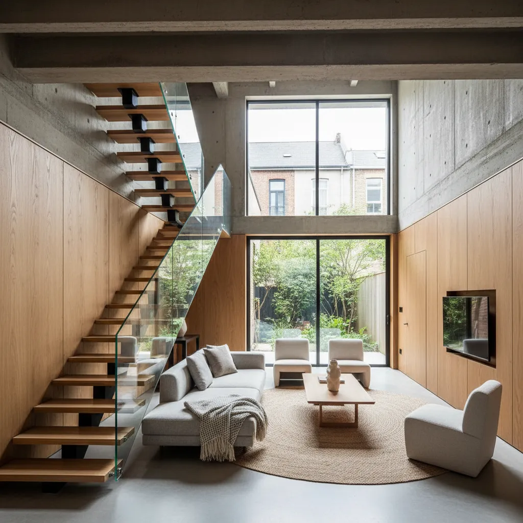 Salón de doble altura en una casa entre medianeras moderna