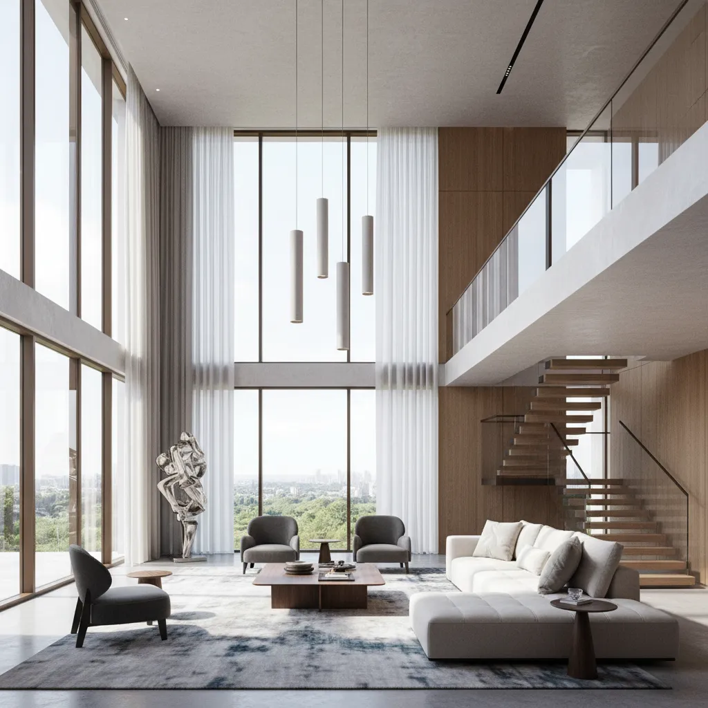 Sala moderna de doble altura con grandes ventanales y conexión visual entre plantas