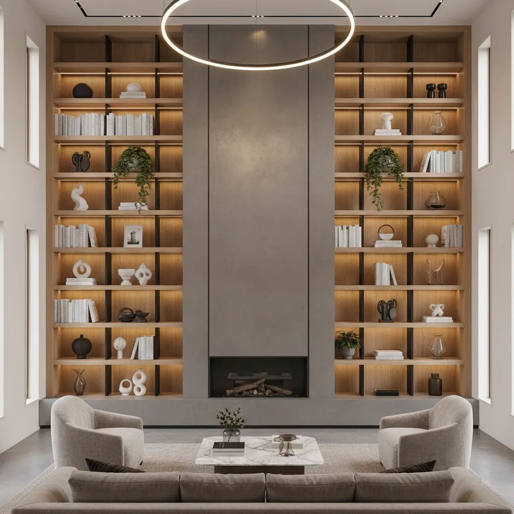 Double height living room wall with built in shelves and fireplace