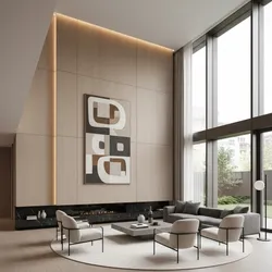 Modern living room with tall wood wall panel, painting, grey sofa, and four white chairs