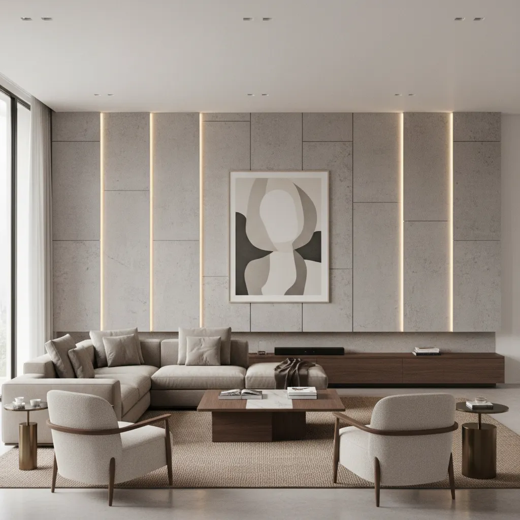 Living room furniture arranged around a tall feature wall