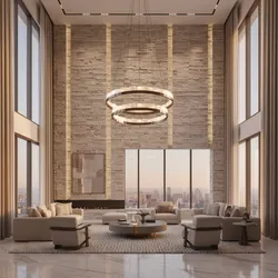 Large living room with stone wall ceiling light city view sofas and round coffee table