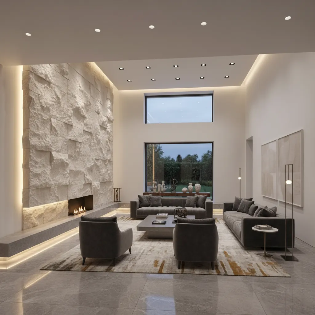 Lighting design highlighting textured double height wall in living room