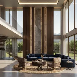 Luxury living room with blue sofa patterned armchairs round rug tall stone wall and windows
