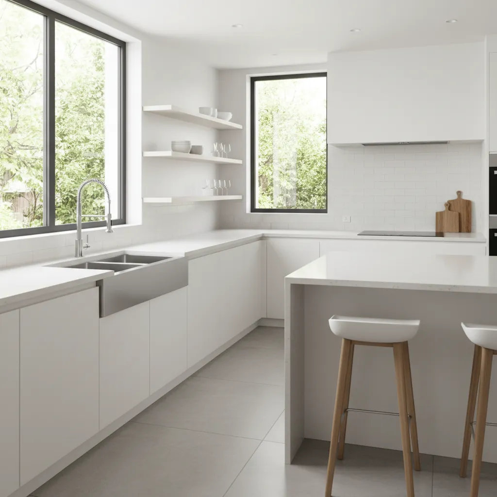 modern kitchen with newly installed double bowl sink and faucet