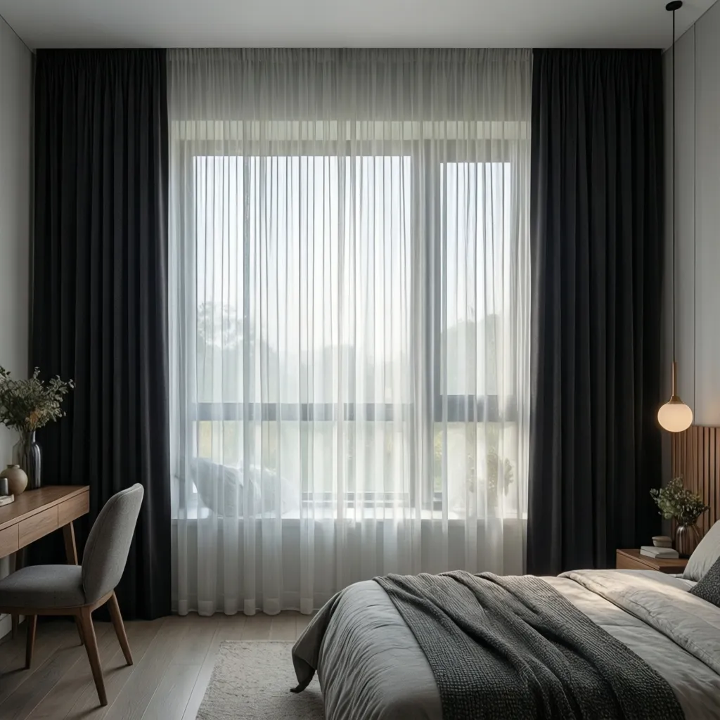 Sistema de cortinas doble con capa translúcida y capa opaca