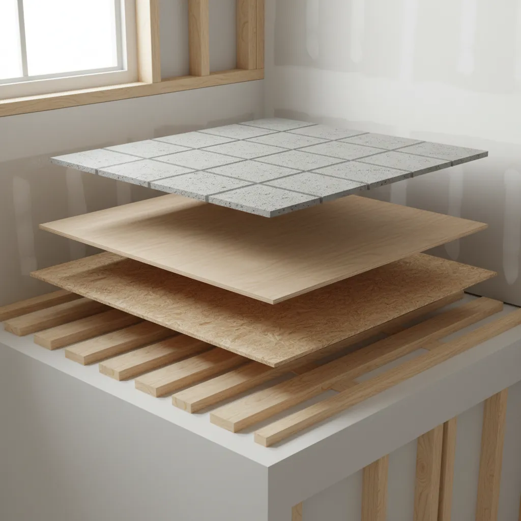 Layered bathroom floor system showing plywood subfloor and cement board for stone tile