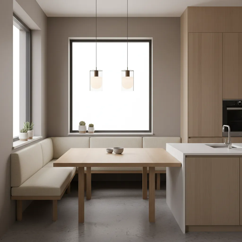 two pendant lights spaced above rectangular breakfast table in small dining area