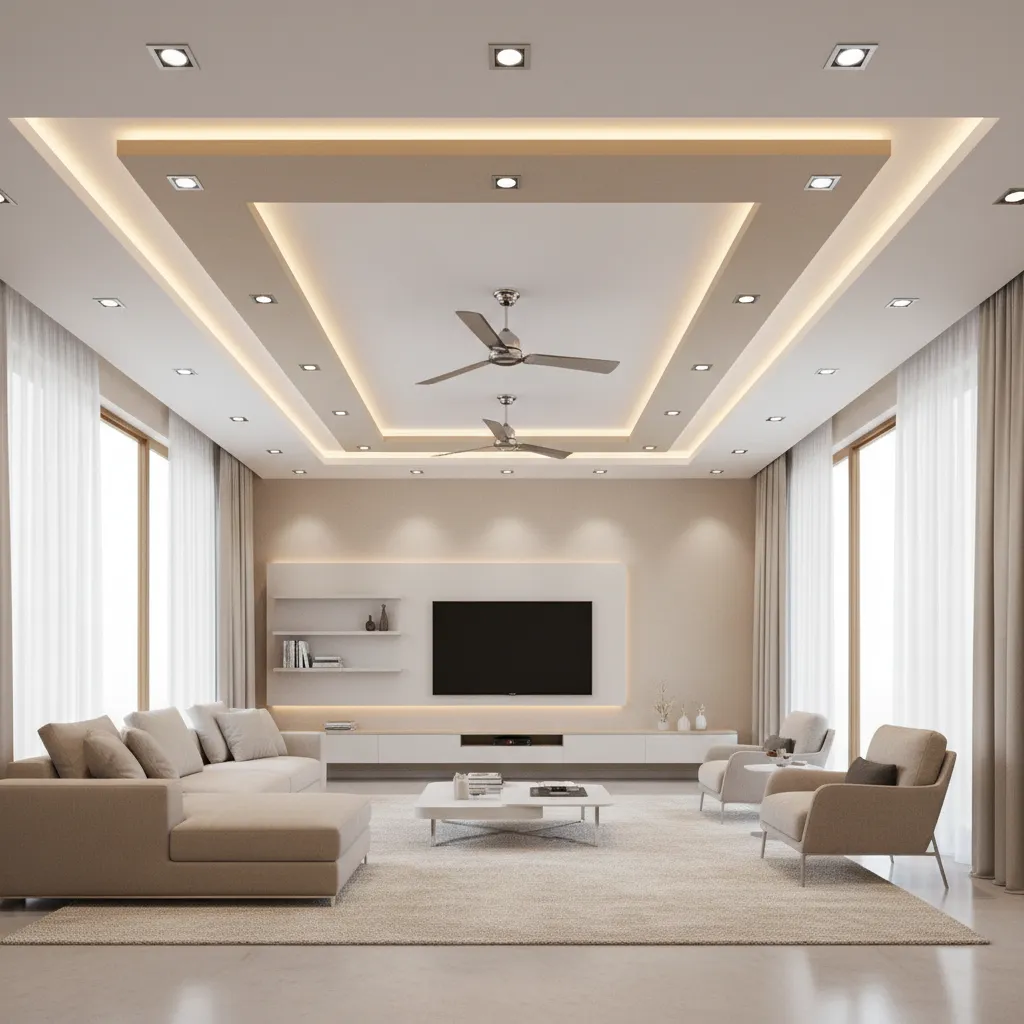 double rectangular false ceiling with two ceiling fans