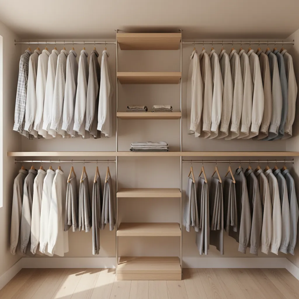 small closet double rod layout maximizing vertical hanging space