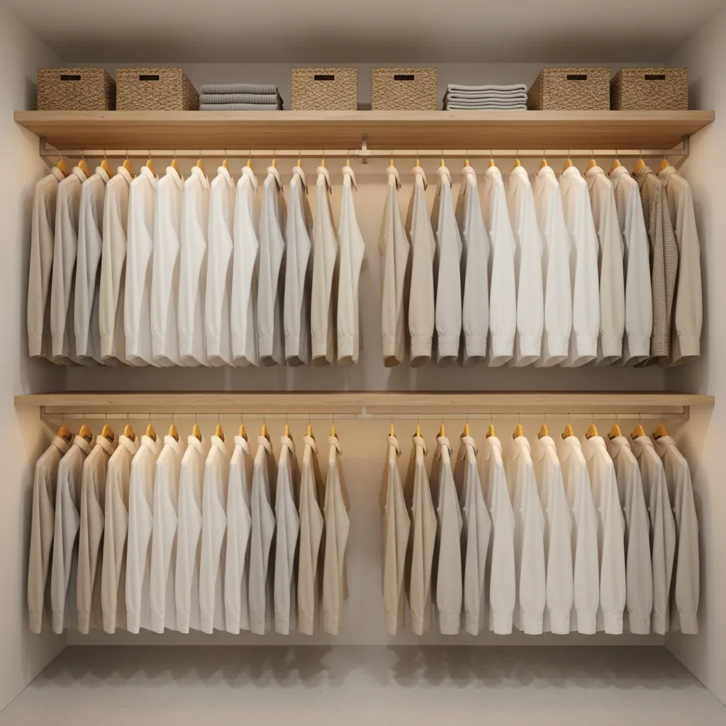 Small closet with double hanging rods and shelves