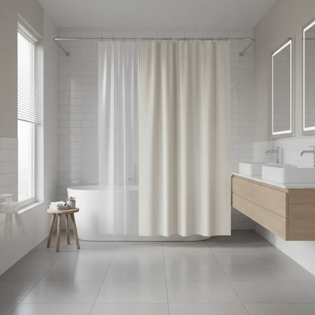 Bathroom with dual rod double shower curtain system with liner and fabric curtain