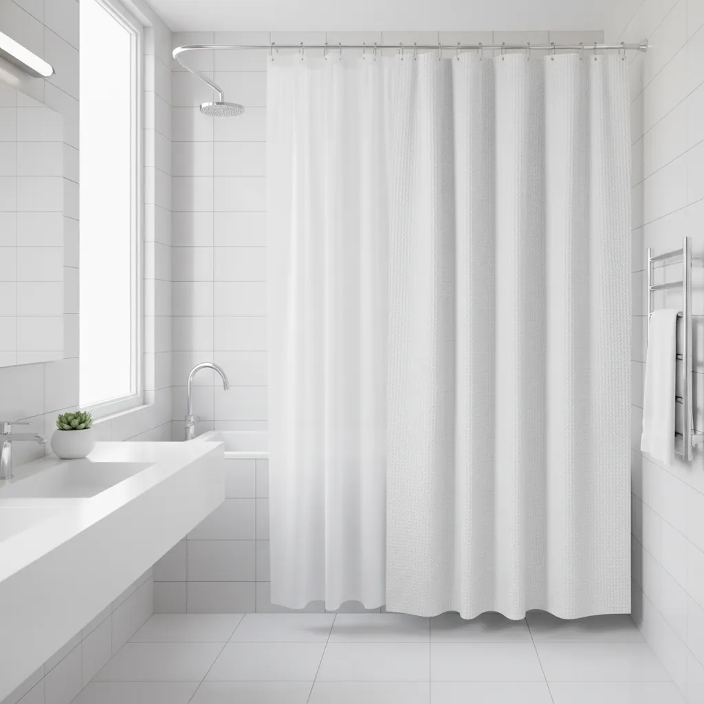 hotel style bathroom with double shower curtain liner and decorative outer curtain