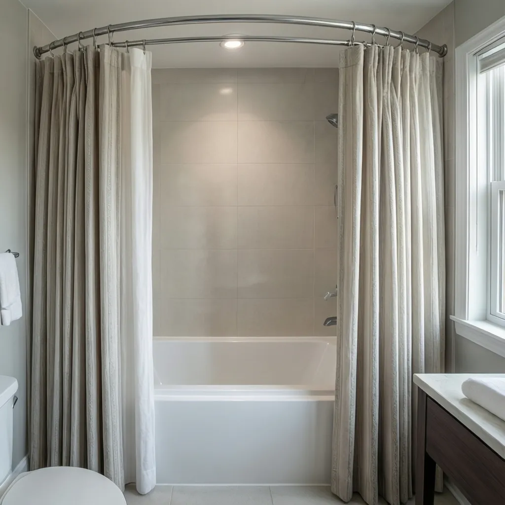 bathroom bathtub with double shower curtain liner and outer decorative curtain