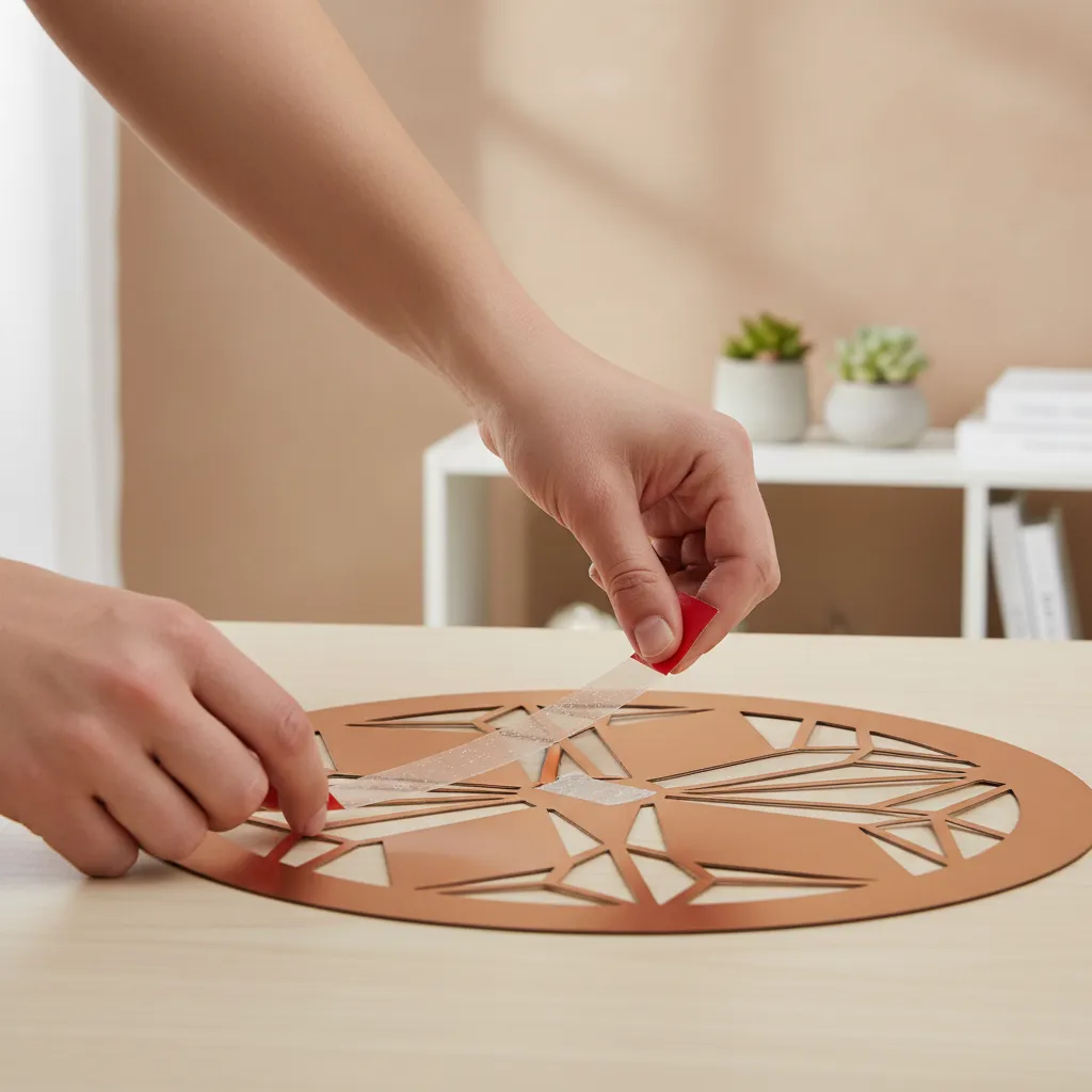 Applying double sided mounting tape to flat wall decoration