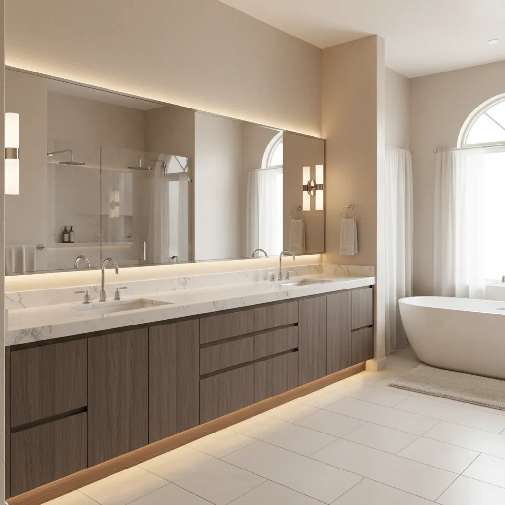 wide bathroom vanity with double sinks and large mirror