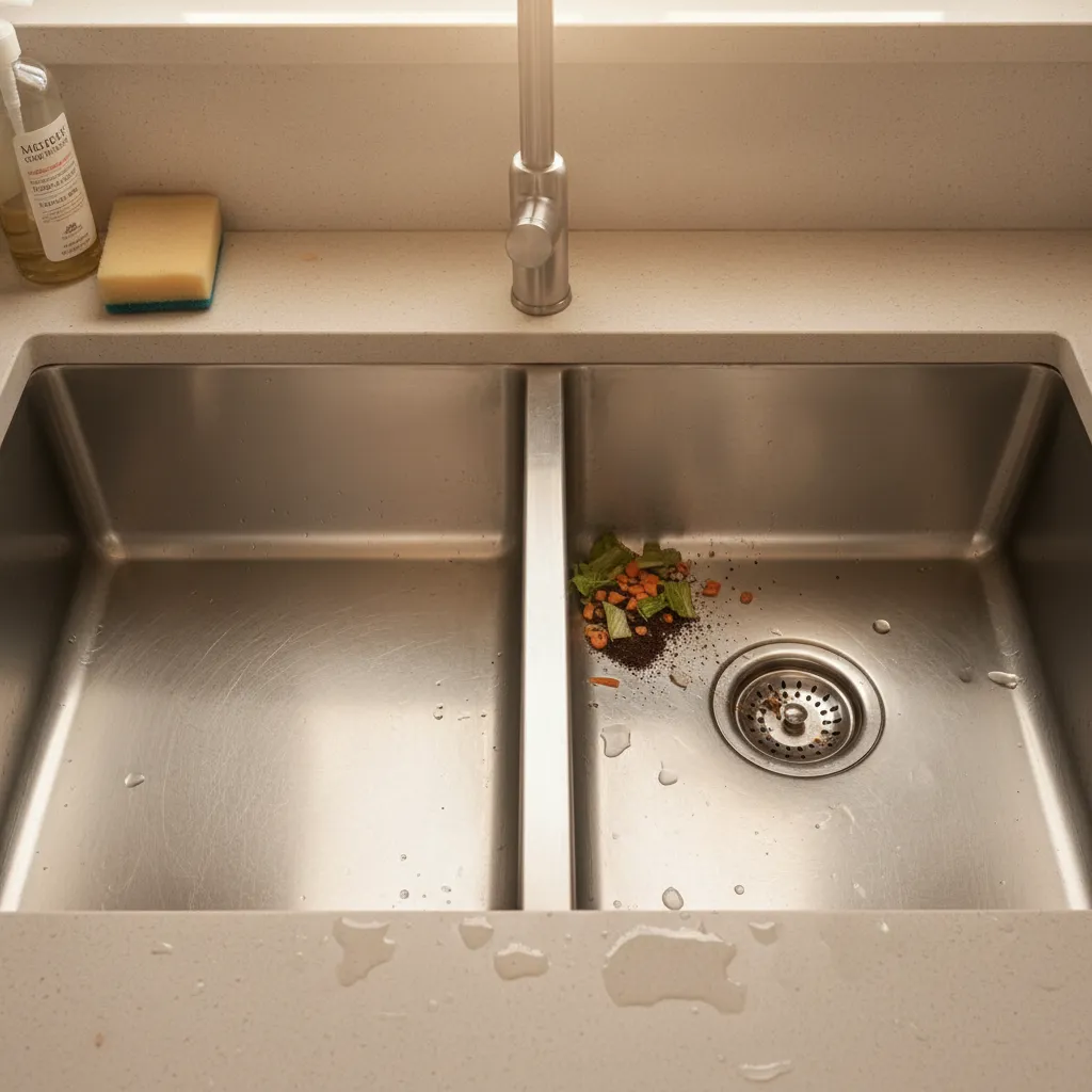 Food debris collecting near the divider of a double bowl kitchen sink