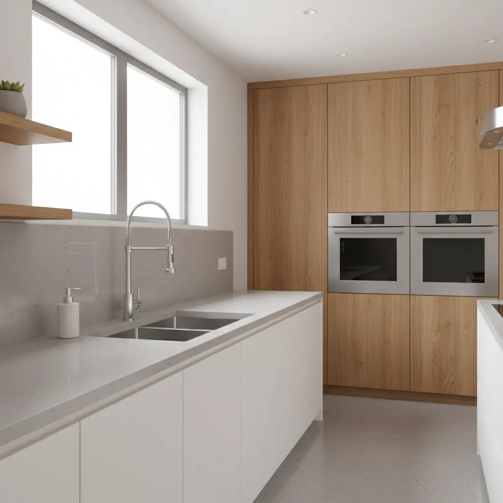 Modern kitchen with double bowl sink installed in countertop