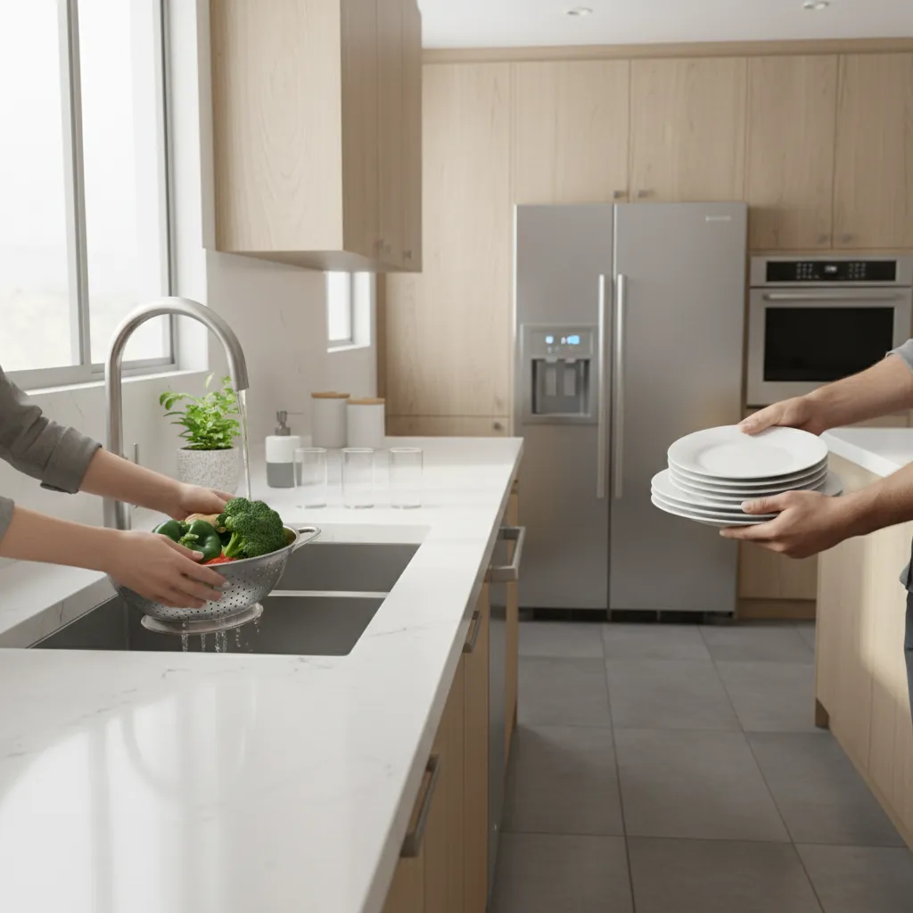 double bowl kitchen sink showing washing and rinsing workflow