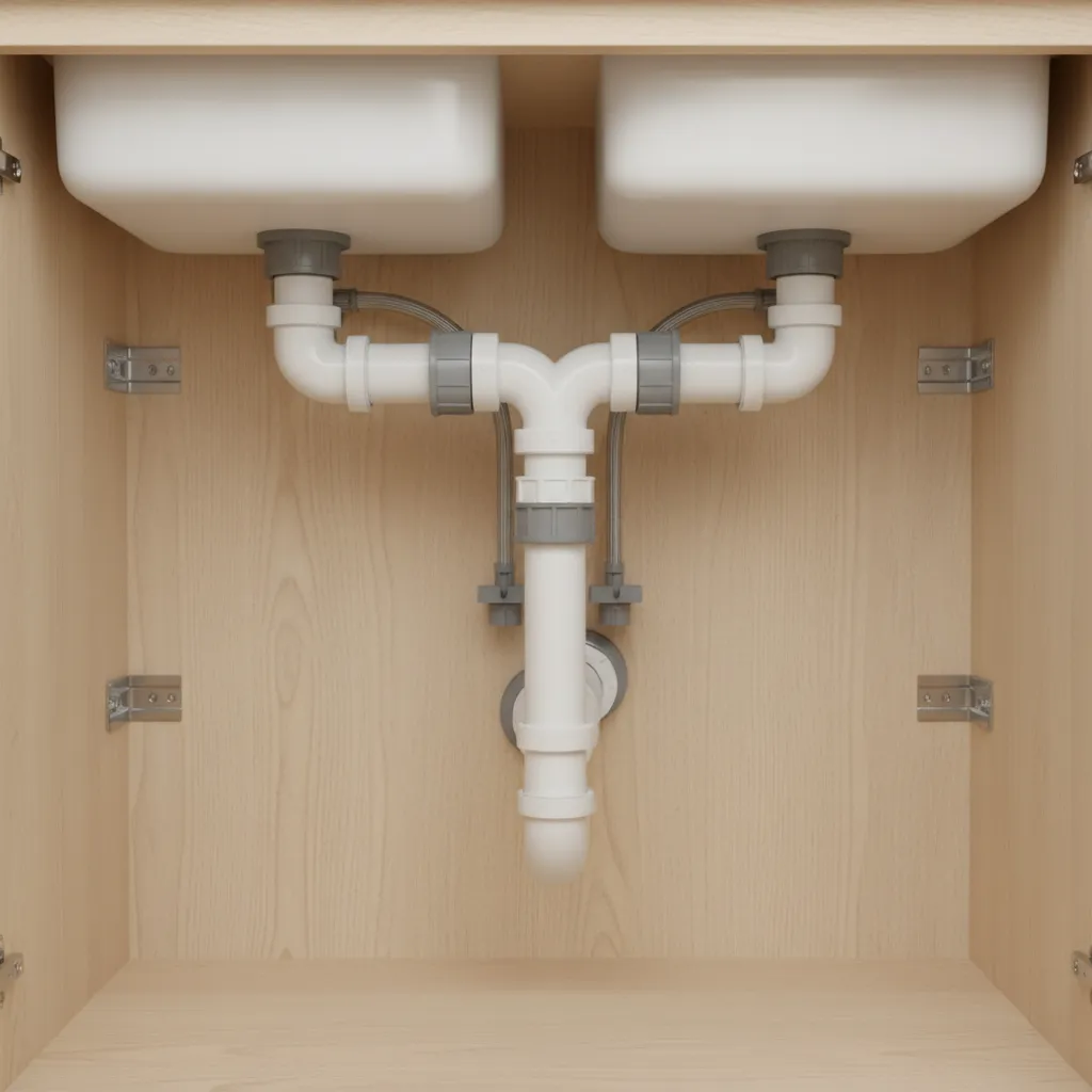 Plumbing pipes under a double bowl kitchen sink showing P trap and connectors