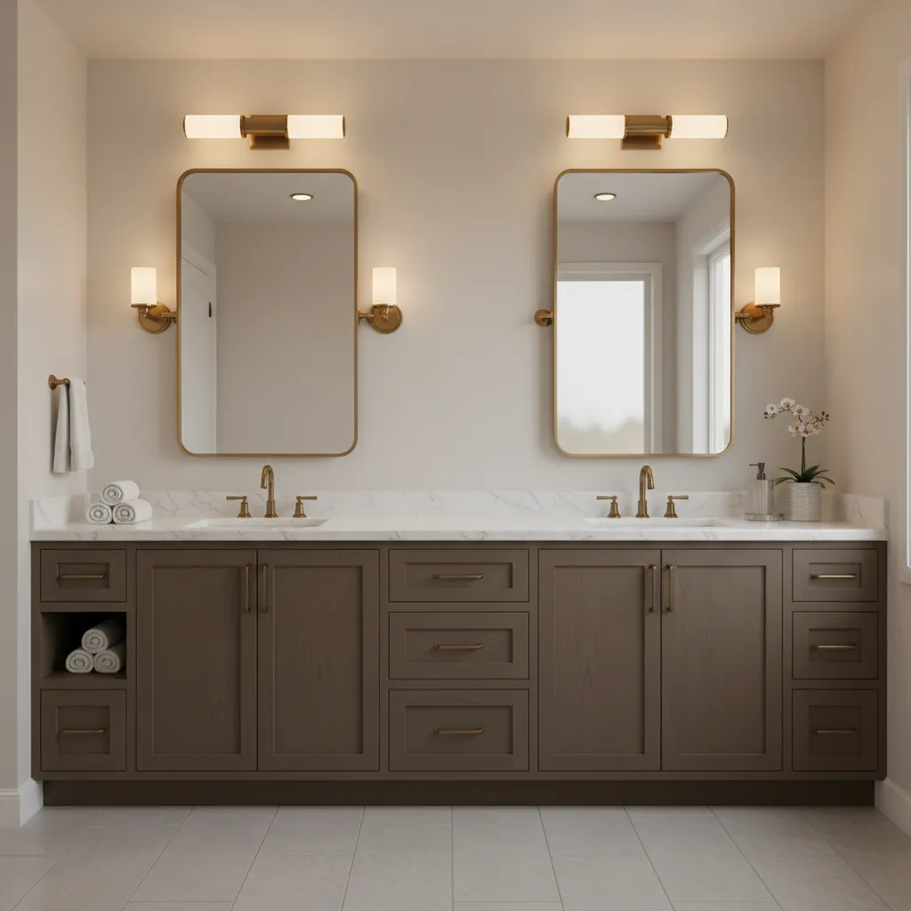 Double sink bathroom vanity with two mirrors and separate vanity lights