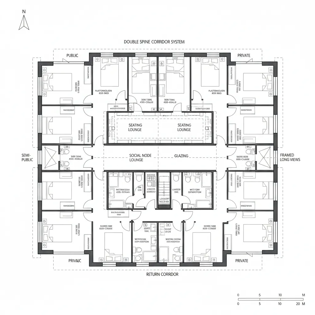 Top-down CAD plan of two parallel spines with bedrooms and periodic social node lounges