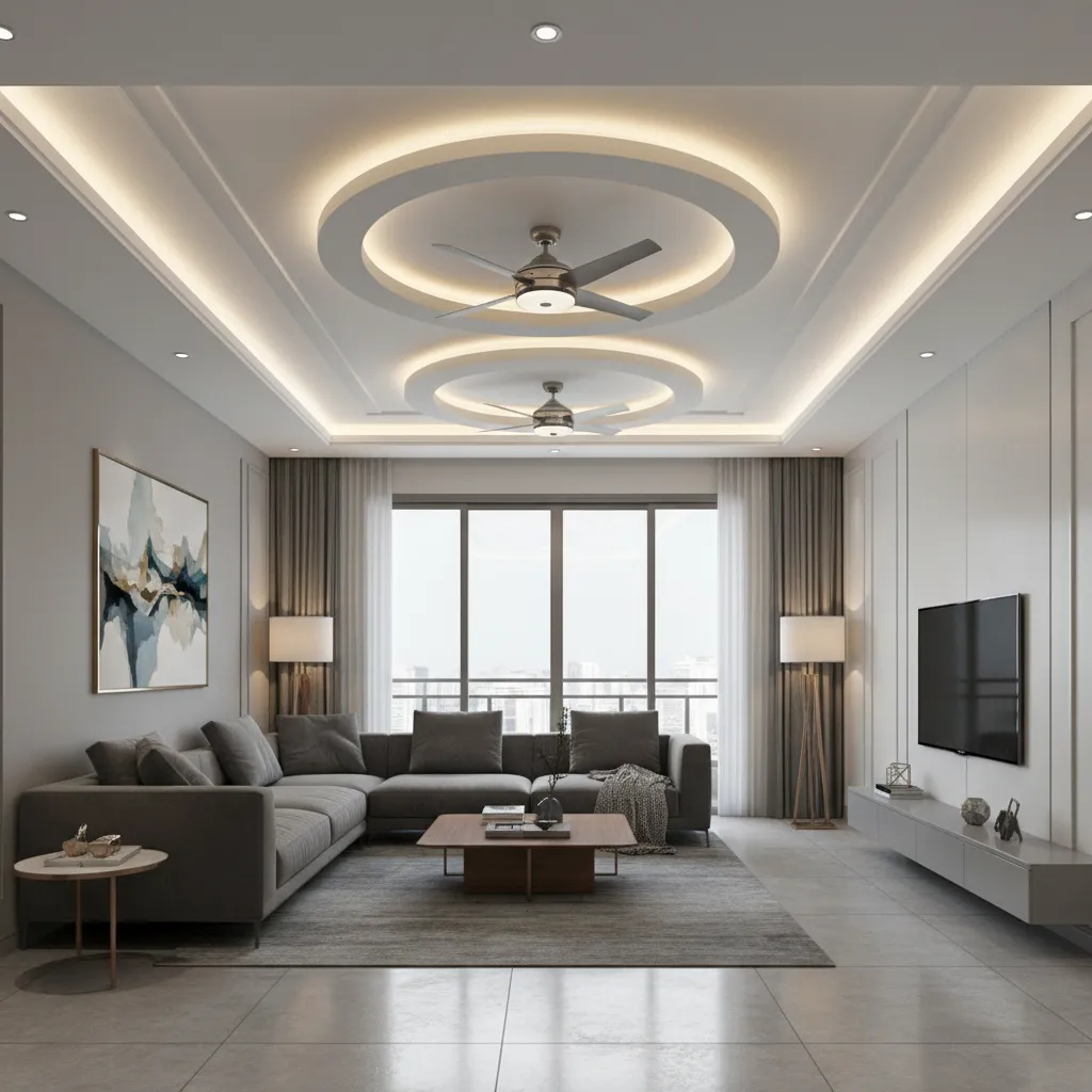 Double tray POP ceiling design with two ceiling fans and LED lighting