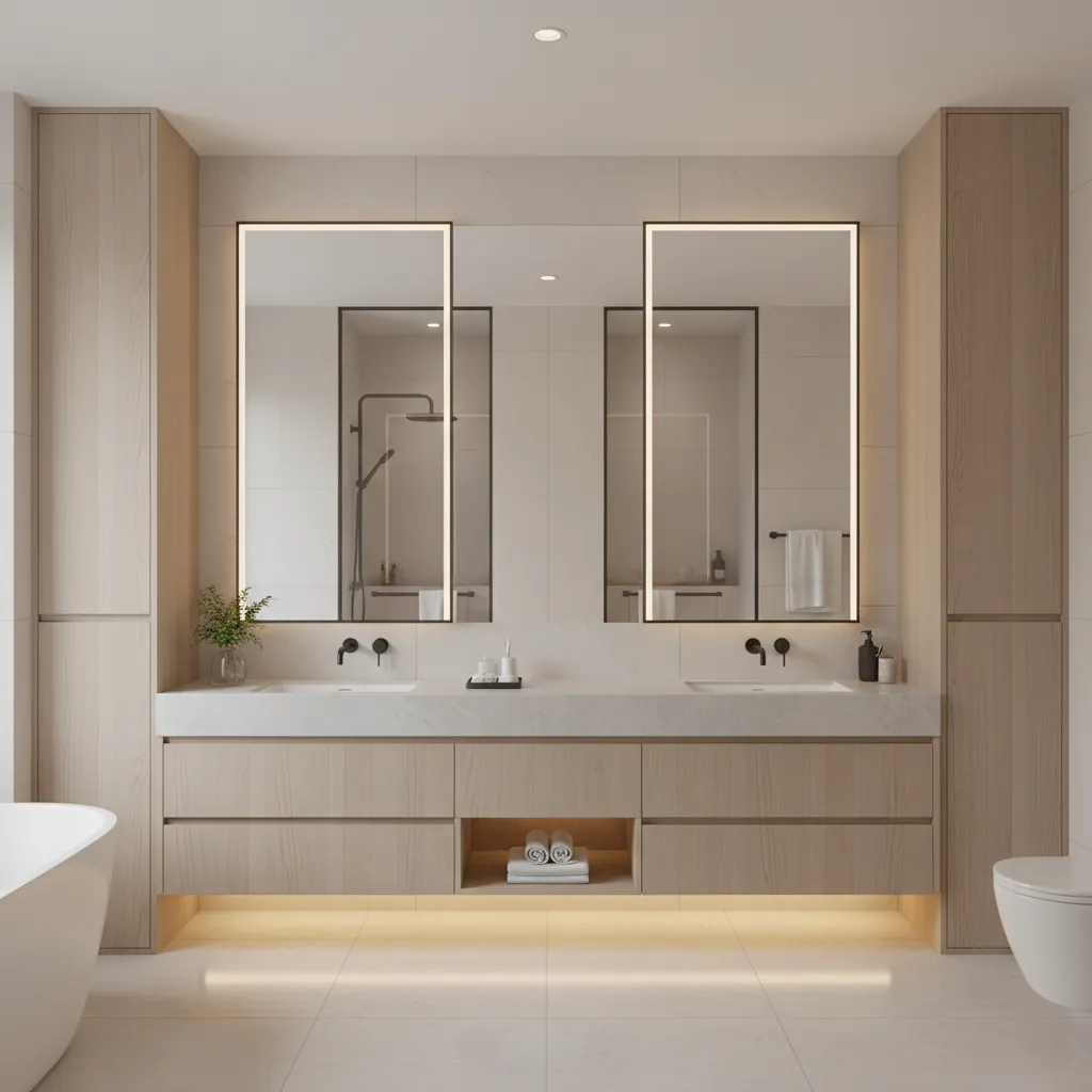 double vanity setup inside a 9x14 master bathroom layout