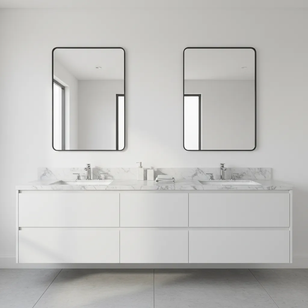 double vanity bathroom with balanced mirrors centered above each sink
