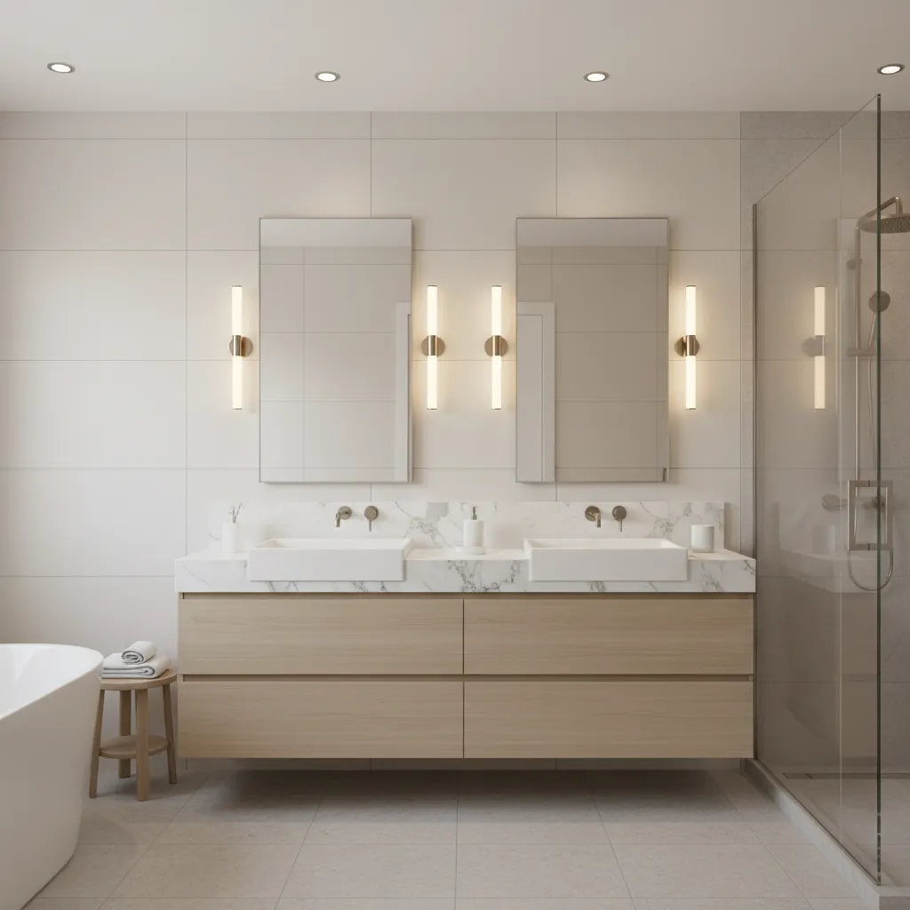 well designed double vanity bathroom with mirrors and balanced lighting