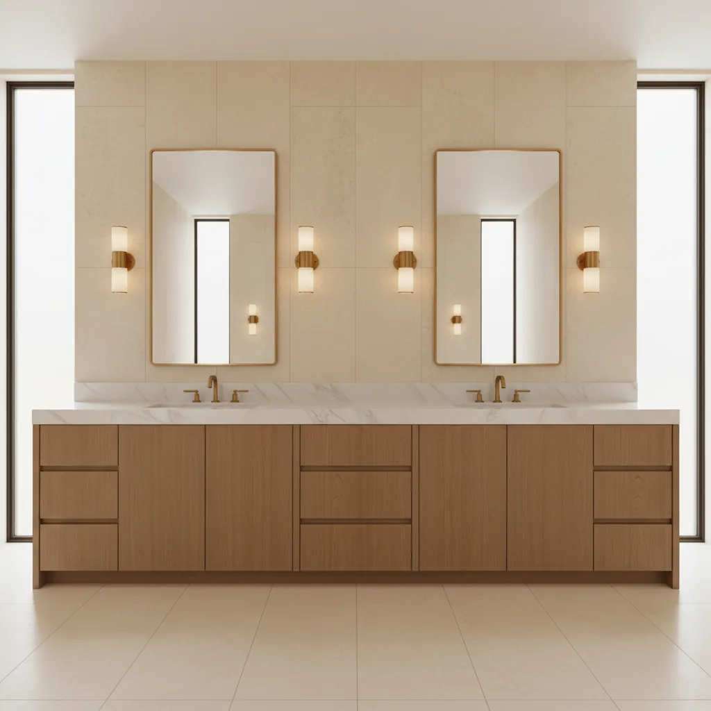 double bathroom vanity with separate lighting zones for each sink