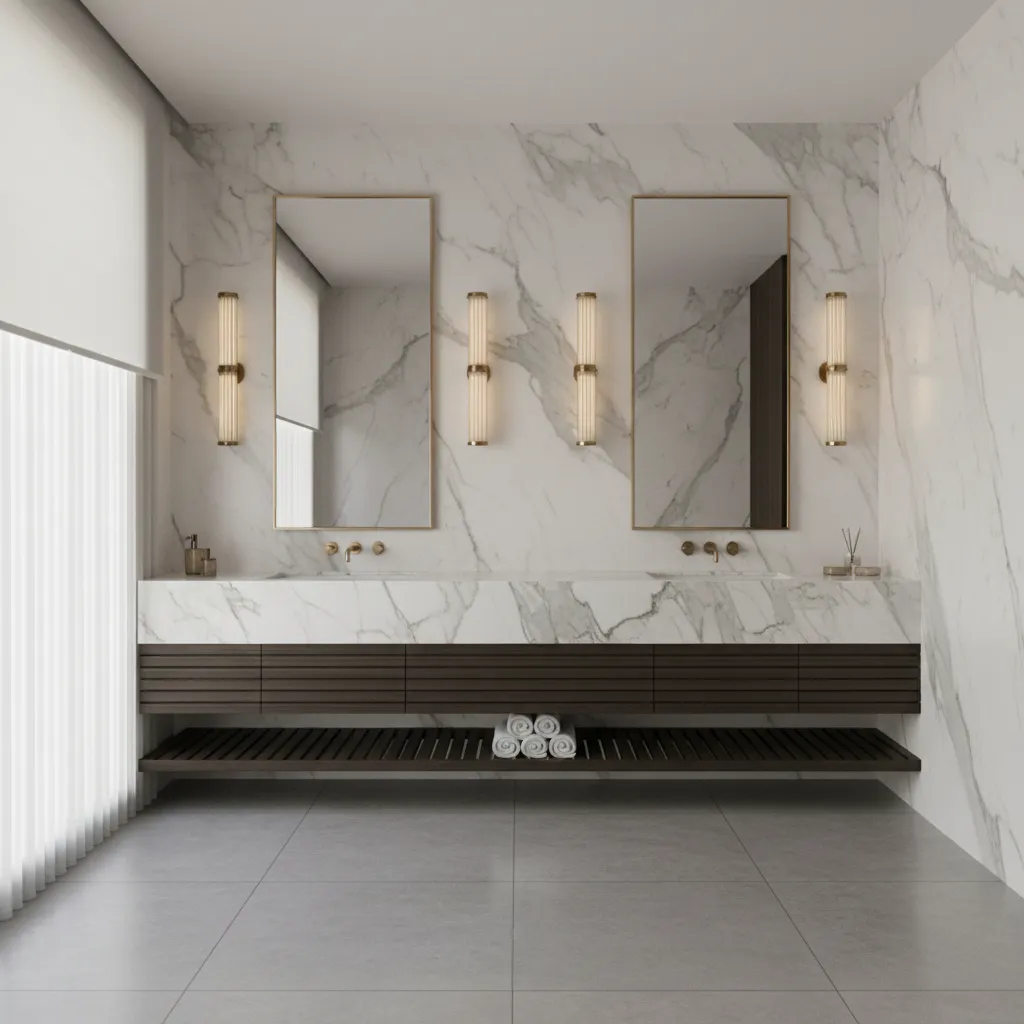Bathroom mirror lighting example with sconces beside mirrors