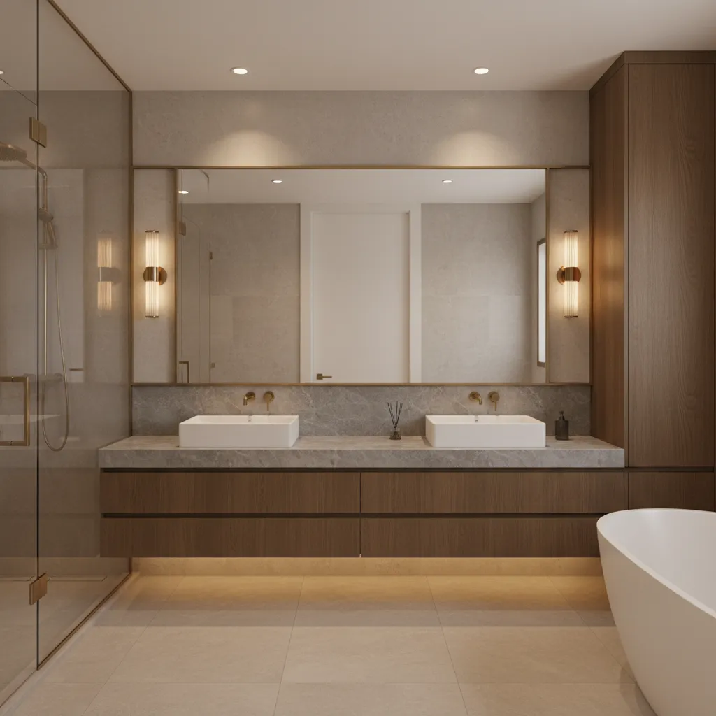 modern master bathroom with double vanity for couples