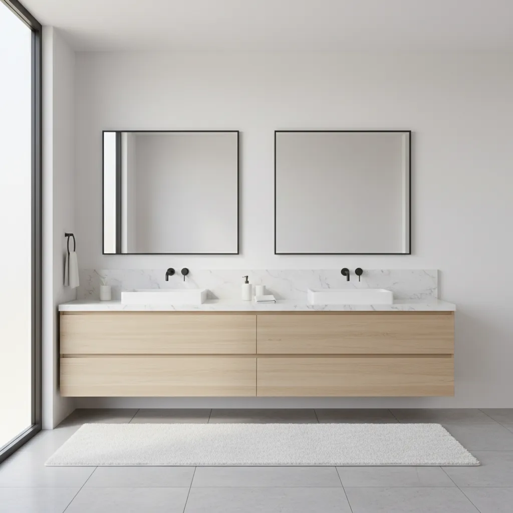 Example of properly placed mirrors above a double sink bathroom vanity