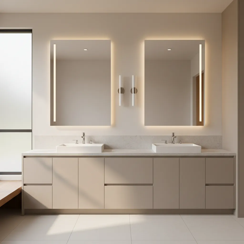 Double vanity mirror layout forming the focal point of a bathroom wall