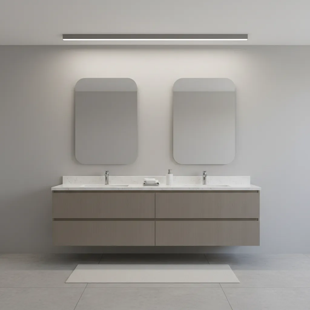 bathroom double vanity showing spacing between mirrors and cabinet edges
